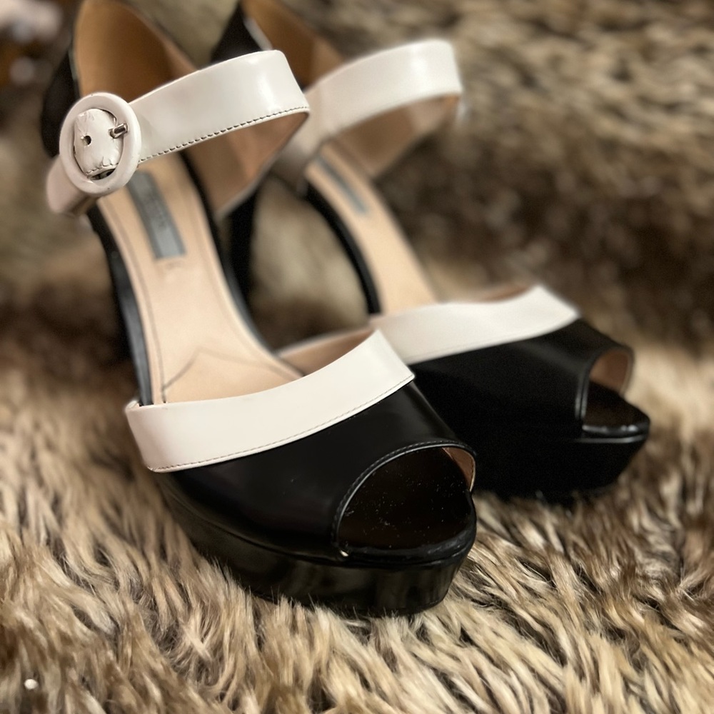 Prada Black & White Leather Platform Ankle Strap Sandals - Picture 2 of 14